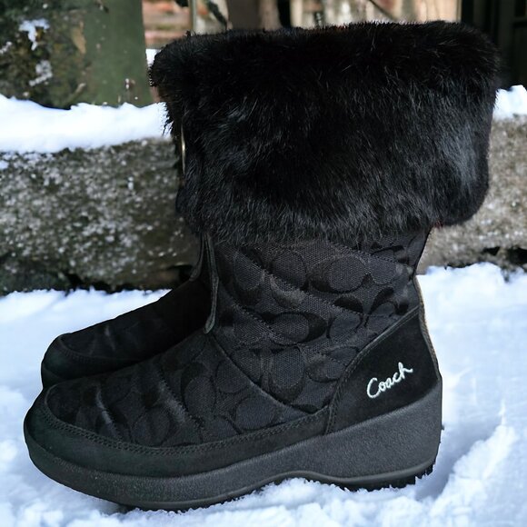 COACH ( 8 ) "FAITH"  Zip-Front Black Monogram Logo Rabbit Fur Boots - Picture 4 of 9